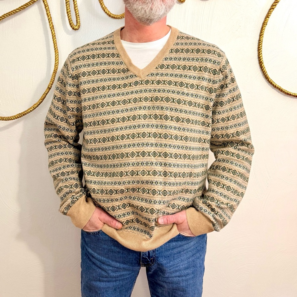 Established 1818 Brooks Brothers Cashmere V-Neck Fair Isle VINTAGE Sweater XL